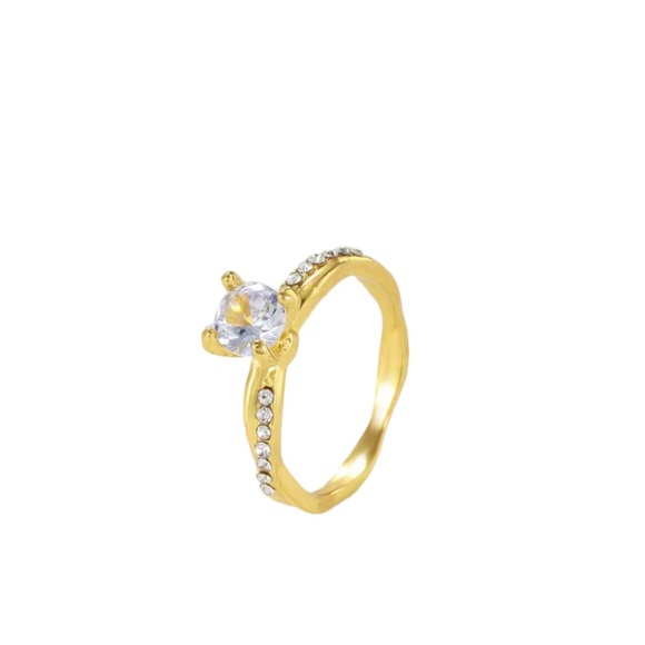 Gold and Rhinestone Diamond Solitaire Ring - Picture 2 of 8